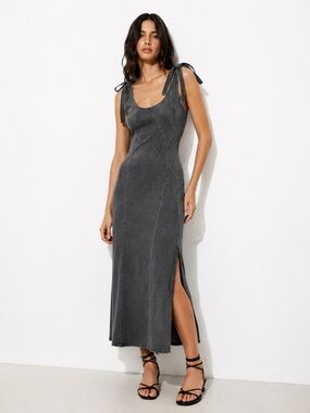 Baevely Faded Black Stretch Denim Trapeze Maxi Dress Tie Strap Size M Y2K NEW